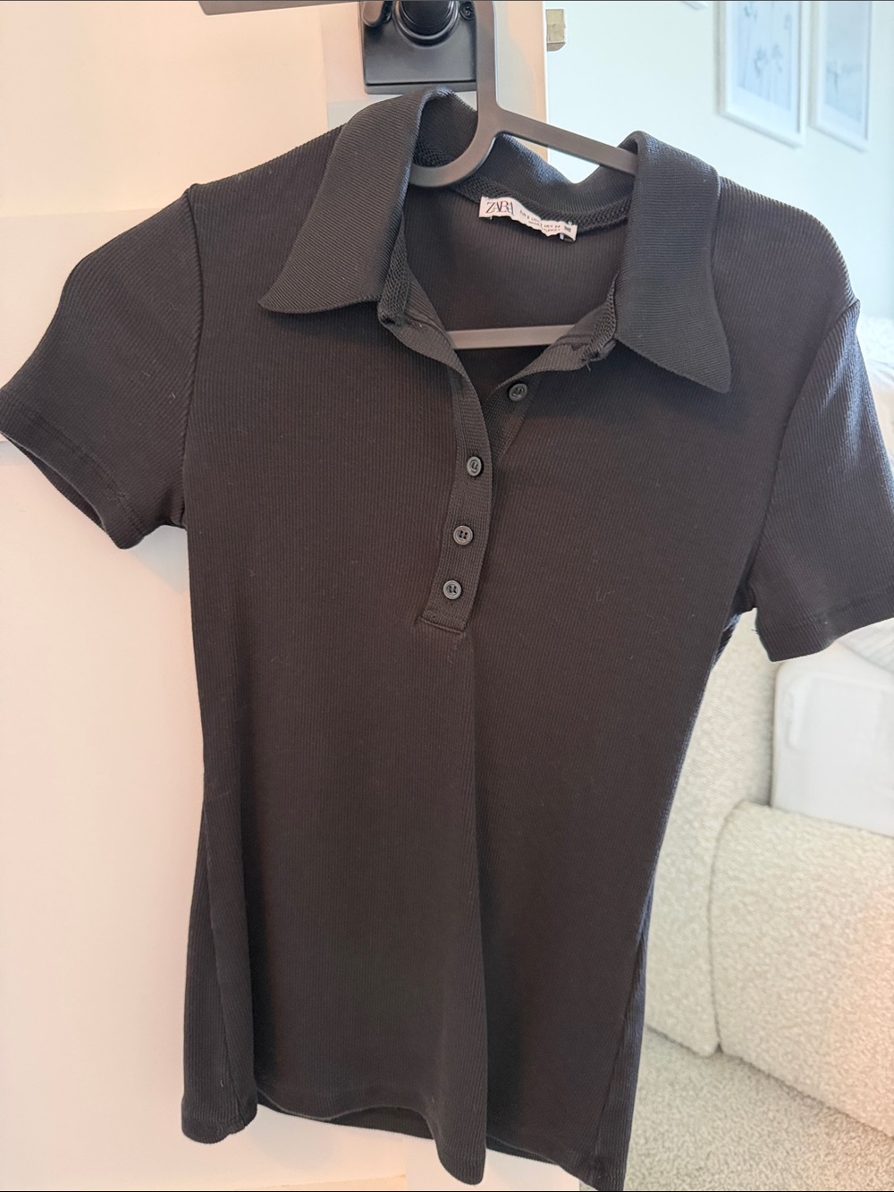 Zara Black Short-Sleeve Ribbed Polo